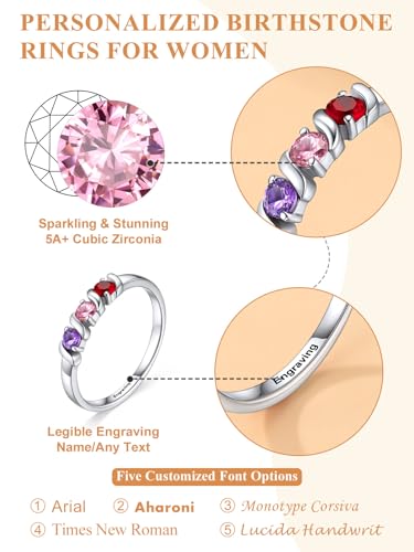 Custom4U Personalized Mothers Ring with 1-5 Birthstones Names Engraved 925 Sterling Silver/14K White Gold Plated Birthstone Rings for Women Promise Ring Birthday Jewelry Gifts for Mom Grandmother Wife - color: 3 Birthstones Ring (Custom)