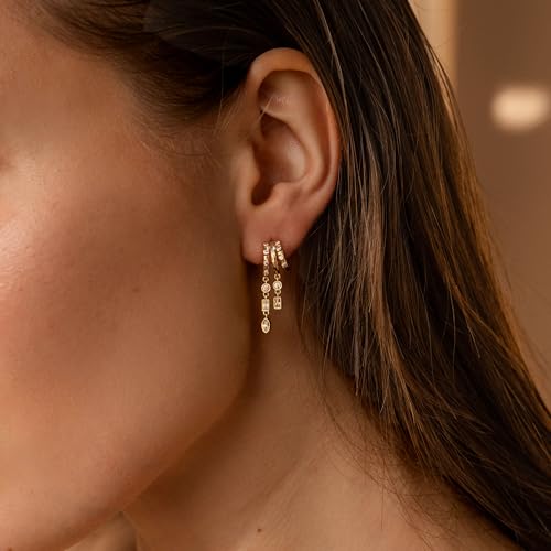 Dangle Earrings For Women, Dainty Gold Drop Statement Earrings 14K Gold Plated Long Huggie Earrings for Women Trendy Hypoallergenic Dangly Earrings Small Triple Hoops Earrings Fashion Jewelry - color: gold-square