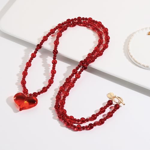 Coiris Chunky Heart Necklace for Women Statement Beaded Pendant Boho Christmas Necklace Gifts for Women - color: Red, size: Long