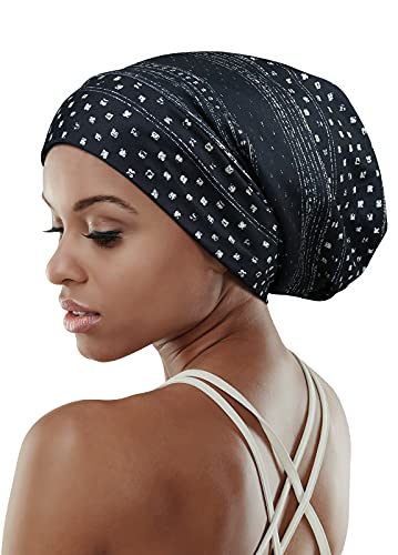 Adjustable Satin Lined Sleep Cap for Dreadlocks Curly Hair Large Head-Stay On Overnight - color: Dark Black