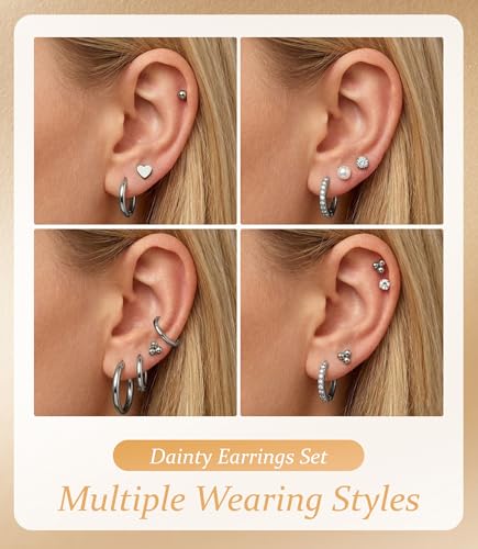 Incaton Hypoallergenic Flat Back Earrings for Women Silver 14K Gold Plated Surgical Stainless Steel Stud Earrings Cubic Zirconia Cartilage Studs Earrings For Multiple Piercing Sensitive Ears - color: I-Silver