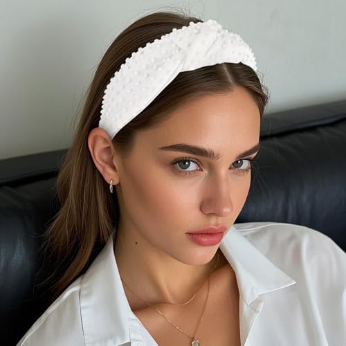 YISSION White Knotted Headband for Women - Wide Pearl Embellished Hair Hoop, Stylish Hair Accessory for Daily Wear, Weddings & Casual Outfits - color: Pure White