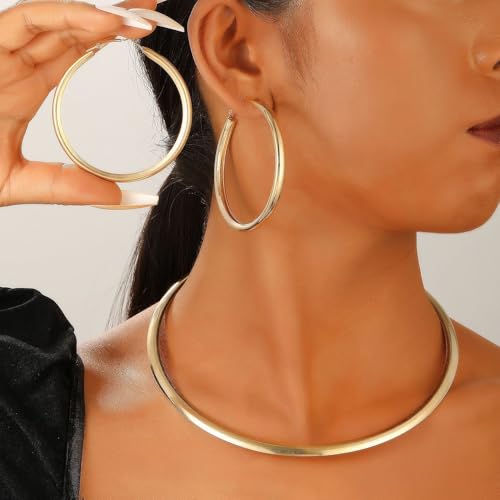 Gold Jewelry Set Chunky Gold Necklace Earring Set for Women Boho Oval Acrylic Earring Necklace Western Adjustable Choker Necklaces Bohemian Jewelry Set For Women - color: Gold E