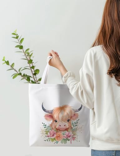 Preppy Animal Tote Bag, Pet Canvas Tote Bag, Reusable Grocery Shopping Shoulder Bags - color: Cow