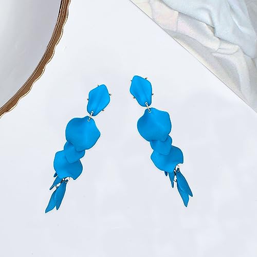 Long Acrylic Rose Petal Earrings Dangle Exaggerated Flower Earrings Drop Statement Floral Tassel Earrings for Women - color: Sky Blue