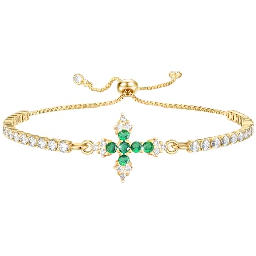 VIBILIA Bracelets for Women, Cross Bracelets for Women Trendy, Dainty Tennis Bracelet, Catholic Gift for Mom Daughter Wife Sister Friend, Communion Gift on Birthday Valentine's Day Easter Mother's Day - color: I. Gold-Green