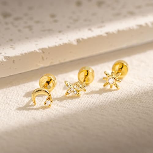 3 Pair Tiny Flat Back Earrings for Women - 14K Gold/White Gold Plated Dainty Cute Small Screw Flatback Stud Earring, Everyday Wear Gift - color: Star&Moon Flat-6/7/7mm Gold
