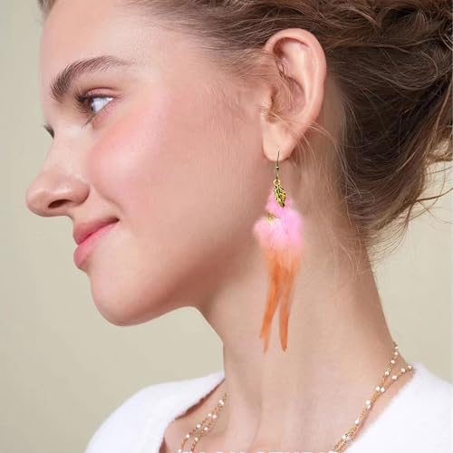 Feather Earrings for Women Bohemian Fringe Tassel Long Drop Dangle Earrings Lightweight Boho Statement earrings - color: pink