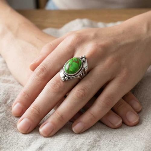 Handmade 925 Sterling Silver Plated Ring Natural Gemstone Carnelian, Rose Quartz, Tiger Eye, Crystal Oval Boho Jewelry For Women - color: Copper Green Turquoise