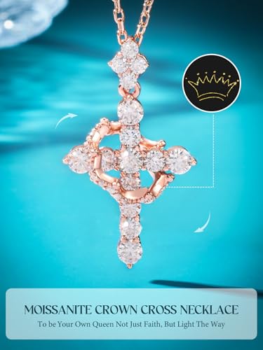 YIMERAIRE Upgraded Moissanite Crown Cross Necklace 14K Gold Vermeil 1.1 Carats Dainty Iced Out Easter Basket Stuffer Cross Jewelry S925 Sterling Silver Simple Gold Christian Faith Moissanite Cross Pendant Necklace For Women - color: Rose Gold
