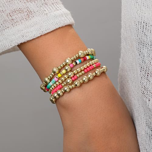 VIBILIA Gold Beaded Bracelets Set for Women 14K Gold Plated Dainty Pearl Cross Bracelet Stack Stretch Bracelet Set Fashion Accessories Gifts - color: 5P-XY-3798-Color