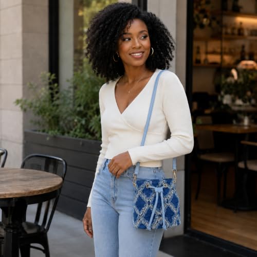 QZUnique Women Denim Mini Bucket Bag Crossbody Purse Shoulder Handbag Drawstring Quilted Tassel Barrel Shape Satchel Tote Bag - color: Bucket Blue