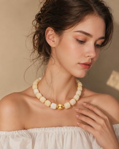 Chunky Beaded Statement Necklace for Women Trendy Colorful Boho Resin Bead Choker Necklaces Summer Handmade Jewelry Gifts Accessories - color: Beige -2