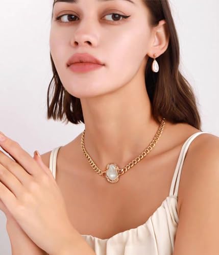 Aobei Pearl 18K Gold Plated Paperclip Chain Choker Satellite Chain Freshwater Cultured Biwa Pearl Pendant Necklace Dainty Turquoise Jewelry for Women - color: 18K Gold Plated Cuban Chain Baroque Pearl