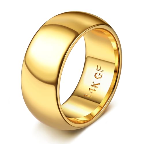 Florideco 14K Gold Filled Ring for Women Men Thick Thin Pinky Thumb Ring Wedding Band Ring Non Tarnish Plain Domed Comfort Fit Size 6 to 10 - color: 14K gold plated-10mm
