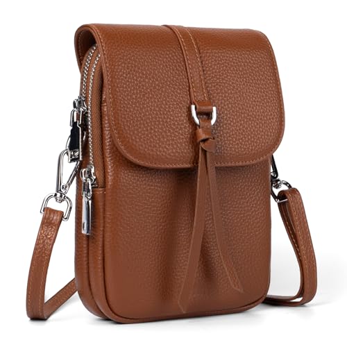 befen Genuine Leather Small Crossbody Bags for Women, Multi Pocket Cell Phone Crossbody Purse with RFID Blocking Card Slots - color: Cognac Brown