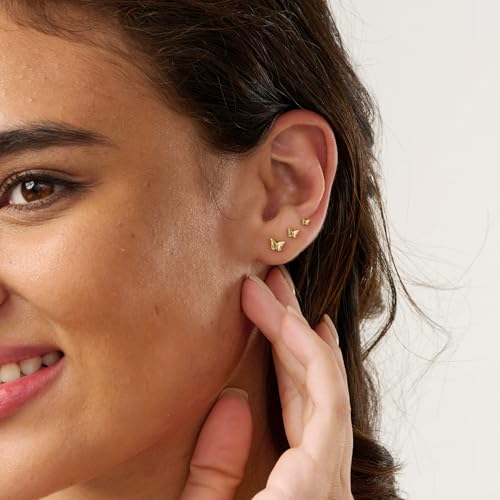3 Pair Tiny Flat Back Earrings for Women - 14K Gold/White Gold Plated Dainty Cute Small Screw Flatback Stud Earring, Everyday Wear Gift - color: Butterfly Flat-4/5/6mm Gold