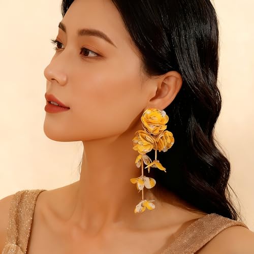 Fabric Flower Earrings for Women Colorful Long Tassel Floral Drop Earrings Fashion Boho Exaggerated Statement Beach Party Jewelry - color: Color Yellow