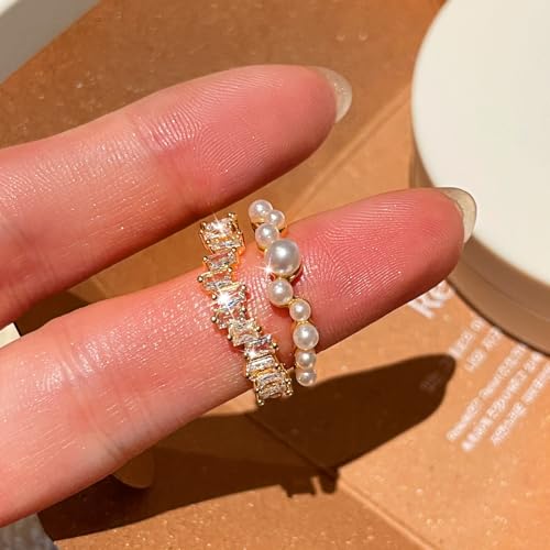 Vintage Crystal Pearl Ring Adjustable Shiny Rhinestone Wrapped Ring Layered Cocktail Knuckle Finge Rings Irregular Pearl Open Band Rings Jewelry Gifts - color: Gold