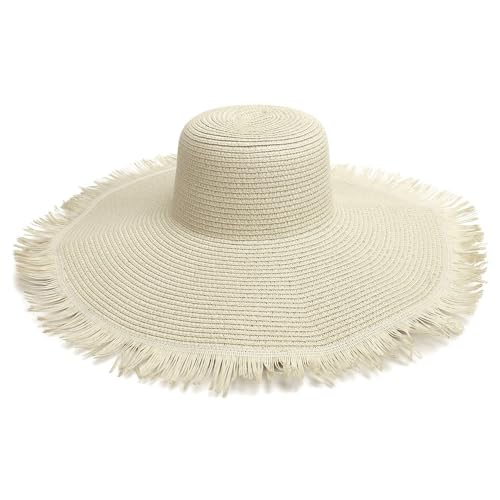 Wide Brim Fashion Boho Fringe Foldable Straw Hat Beach Hat UPF50+UV Protection Summer Hat Sun Hats for Women Travel - color: Milk White