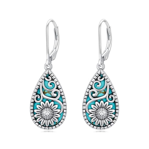 Natural Turquoise Earrings for Women Dangling 925 Sterling Silver Dangle Earrings Western Jewelry Christmas Gift for Sister Mother - style: H-Sunflower Earrings