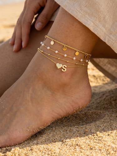 Silvora Ankle Bracelets for Women Waterproof 14K Gold/Silver/Black Initial Anklet for Women Dainty Layered Heart Ankle Bracelets Stainless Steel Adjustable Foot Chain Anklet Summer Beach Jewelry - color: Gold-14K Gold Plated, size: 12.L