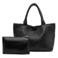 Handmade Woven Tote Bag for Women, Soft Vegan Leather Shoulder Bag with Purse, Large Travel Handbag - color: Black