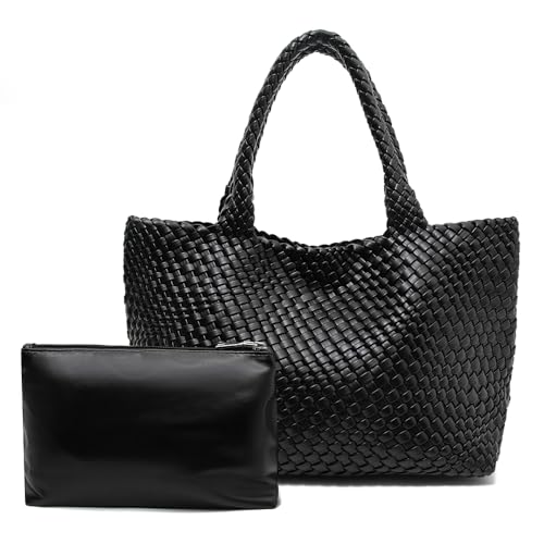 Handmade Woven Tote Bag for Women, Soft Vegan Leather Shoulder Bag with Purse, Large Travel Handbag - color: Black