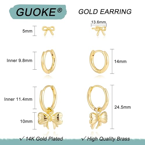 3 Pairs Small Earring Stacks, 14K Gold/Silver/Black/Rose Gold Plated Pearl Heart Butterfly Star Diamond Charm Drop Huggie Earrings Trendy Jewelry Gift for Women - color: Gold-Bow