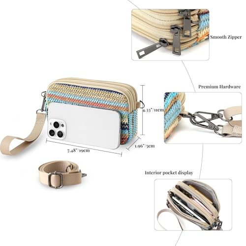 Small Wristlet Wallet for Women, 3-Zip Crossbody Phone Purse - color: Bluestripe/Straw-horiz