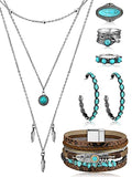 Ecally Bohemian Western Jewelry Turquoise Set Women Country Pendant Long Choker Layered Bracelets Earrings Ring for Women - color: Turquoise, style: Boho