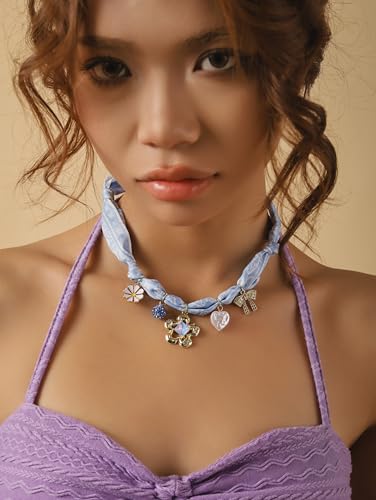 MINACHI Red Boho Charm Choker Necklace, Silk Cloth Band with Dangling Charms, Retro Festival Jewelry For Women - style: Necklace NECK.014