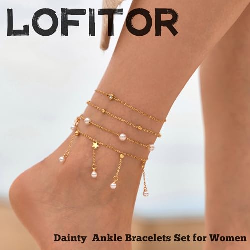 LOFITOR Ankle Bracelets for Women Glitter Waterproof Adjustable Anklet Set for Women 18K Gold Plated Silver Charm Dainty Layered Anklets, Summer Beach Anklet Jewelry for Women - style: Pearl Gold