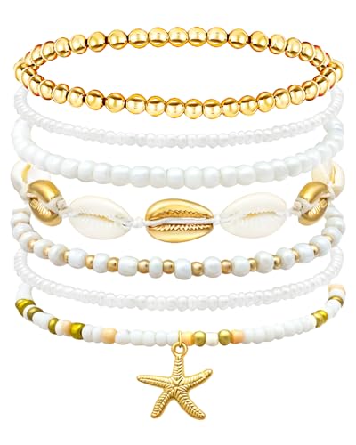 Handmade Summer Turtle Starfish Bracelets Bohemian Beaded Seashell Bracelets Set Adjustable Waterproof Summer Beach Surfer Bracelets Summer Vacation Jewelry Bahamas Souvenirs - color: Gold