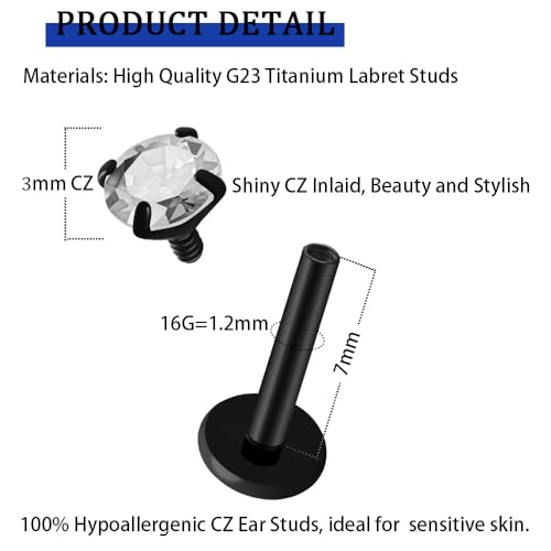 16G 18G Titanium Internal Thread CZ Stud Earrings Flat Back, Silver Black Tragus Helix Conch Cartilage Piercing Jewelry for Women Men 6mm 8mm 10mm Labret Studs 2PCS - color: Black, 16g, 7mm bar, 3mm White CZ