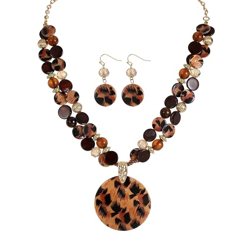 Layered Beads Statement Fashion Necklace Chunky Jewelry Set Big Colorful Glass Stone Circle Shell Pendant Choker Necklace and Earring Set for Women - color: leopard brown