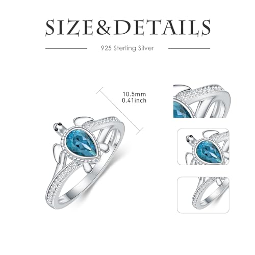 Sea Turtle Ring for Women 925 Sterling Silver Pear Shaped Birthstone Ocean Statement Ring for Ladies - color: London Blue Topaz