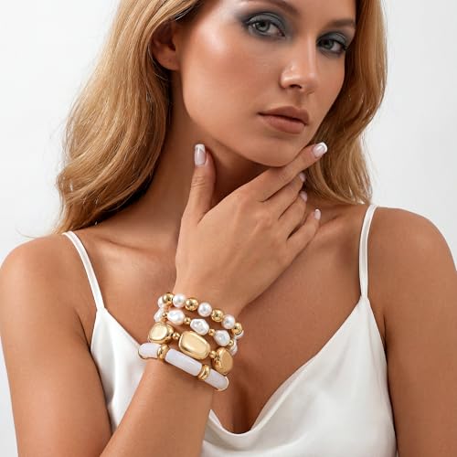 GOOJIDS Simple Beaded Gold Plated Bangles Bracelet Chunky Bamboo Tube Curved Stacking Clear Acrylic Colorful Beads Stretchable Gold Plated Bracelets Set For Women - color: T Chunky Gold Beads Set