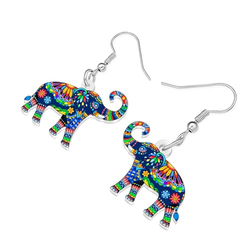 BONSNY Colorful Acrylic Elephant Dangle Earrings Bohemian Tribal Floral Design Boho Jewelry Gifts for Women Funny Novelty Hypoallergenic Spring Summer Gifts Accessories - color: Blue