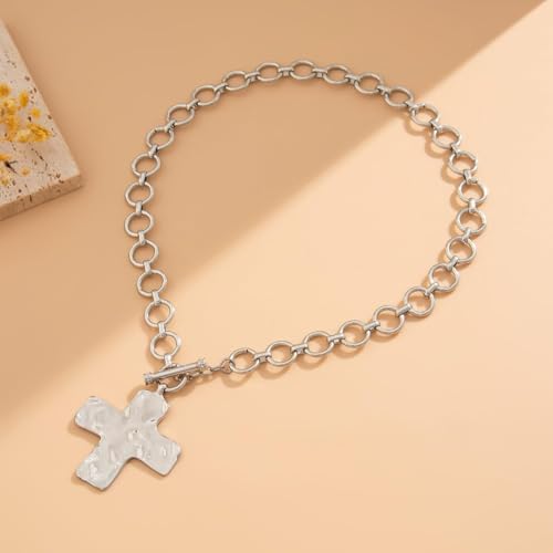 Chunky Cross Necklace for Women Chunky Gold Necklace Statement Cross Pendant Vintage Toggle Clasp Necklace Jewelry for Women - color: A2-Silver Cross Necklace