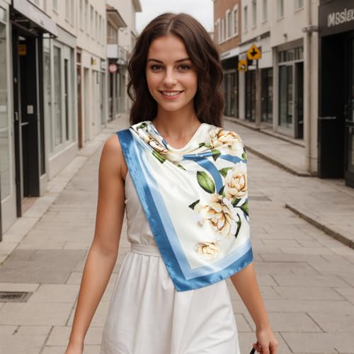 RIIQIICHY Head Scarf for Women Like Silk Scarf Hair Scarf Printed Square Scarf Bandanas for Women 35 Inches - color: Blue/Ivory/Green