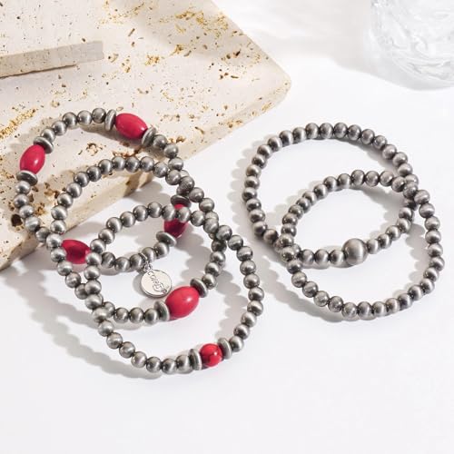 Coiris 5 Pcs Navajo Pearls Bracelet for Women Turquoise Boho Vintage Montana Western Bracelets Native American Jewelry - style: Red