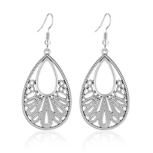 Silver Dangle Earrings For Women Trendy,Boho Cute Drop Western Earings,Vintage Gothic Ethnic Statement Beach Vacation Long Earrings with Leaf Teardrop Turquoise Crystal Tassels,Fashion Jewelry Birthday Gift. - color: A26) Engarved Floral Teardrop