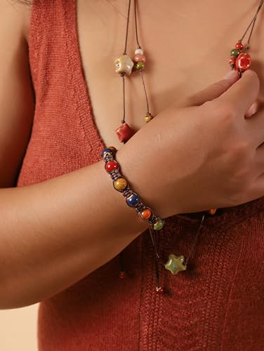 MINACHI Bohemian Colorful Ceramic Bead Adjustable Leather Bracelet, Boho Hippie Summer Jewelry Gift for Women - color: S01B