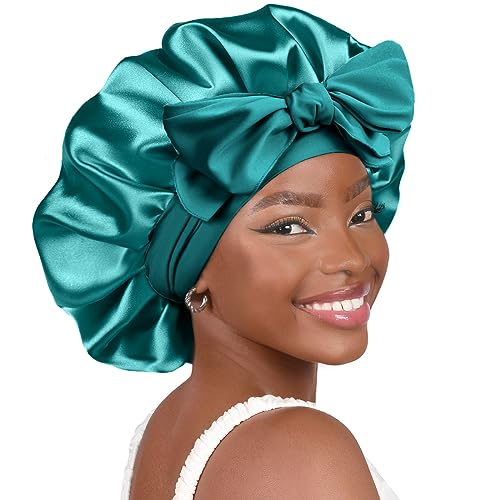 YANIBEST Adjustable Satin Bonnet for Sleeping Women Double Layer Hair Wrap Reduce Friction Prevent Frizz Natural Curly Hair - color: Blue Zircon