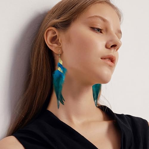 Feather Earrings for Women Bohemian Fringe Tassel Long Drop Dangle Earrings Lightweight Boho Statement earrings - color: blue