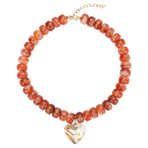 Chunky Colorful Beaded Statement Boho Summer Beach Chokers Necklace Heart Pendant Pink Green Yellow Brown Fashion Jewelry - color: Brown