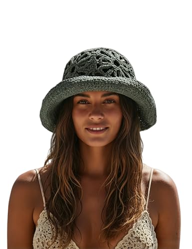 Handmade Women's Crochet Straw Bucket Hat Packable Daisy Beach Cap | Adjustable Inner Drawstring, Airy Lightweight Paper Fiber, Face Shade, Easy Storage, Feminine Openwork Floral Style - color: Green