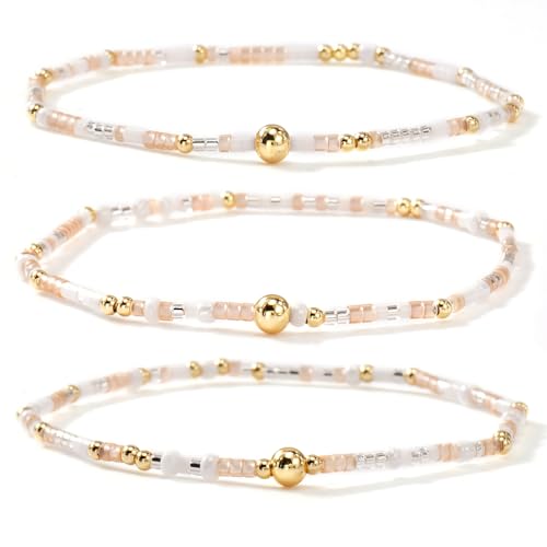 Dainty Gold Plated Tiny Ball Colorful Beaded Stack Bracelets Sets for Women,3Pcs Stackable Cute Bracelet Stretch Trendy Ball Jewelry Friendship Gift - color: white