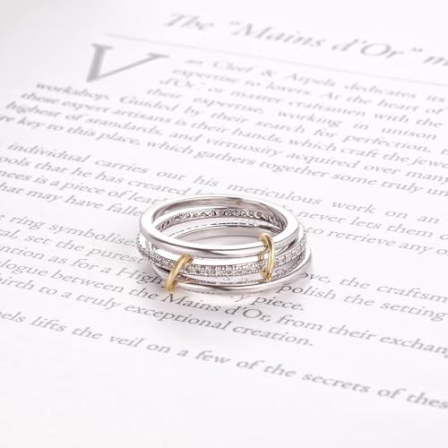 Stackable Gold Rings for Women 18K Gold Plated Interlocking Ring Stack Set Gold Silver Mixed Metal Statement Rings Dainty Cubic Zirconia Fashion Connected Band for Her - size: Size 7.0-7.5
